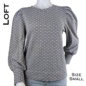 LOFT Puff Sleeve Sweatshirt Small Grey White Polka Dot Knit Pullover Soft Girl